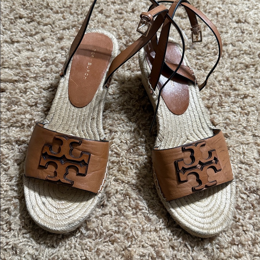 Tory Burch Tan Leather Espadrille Sandals